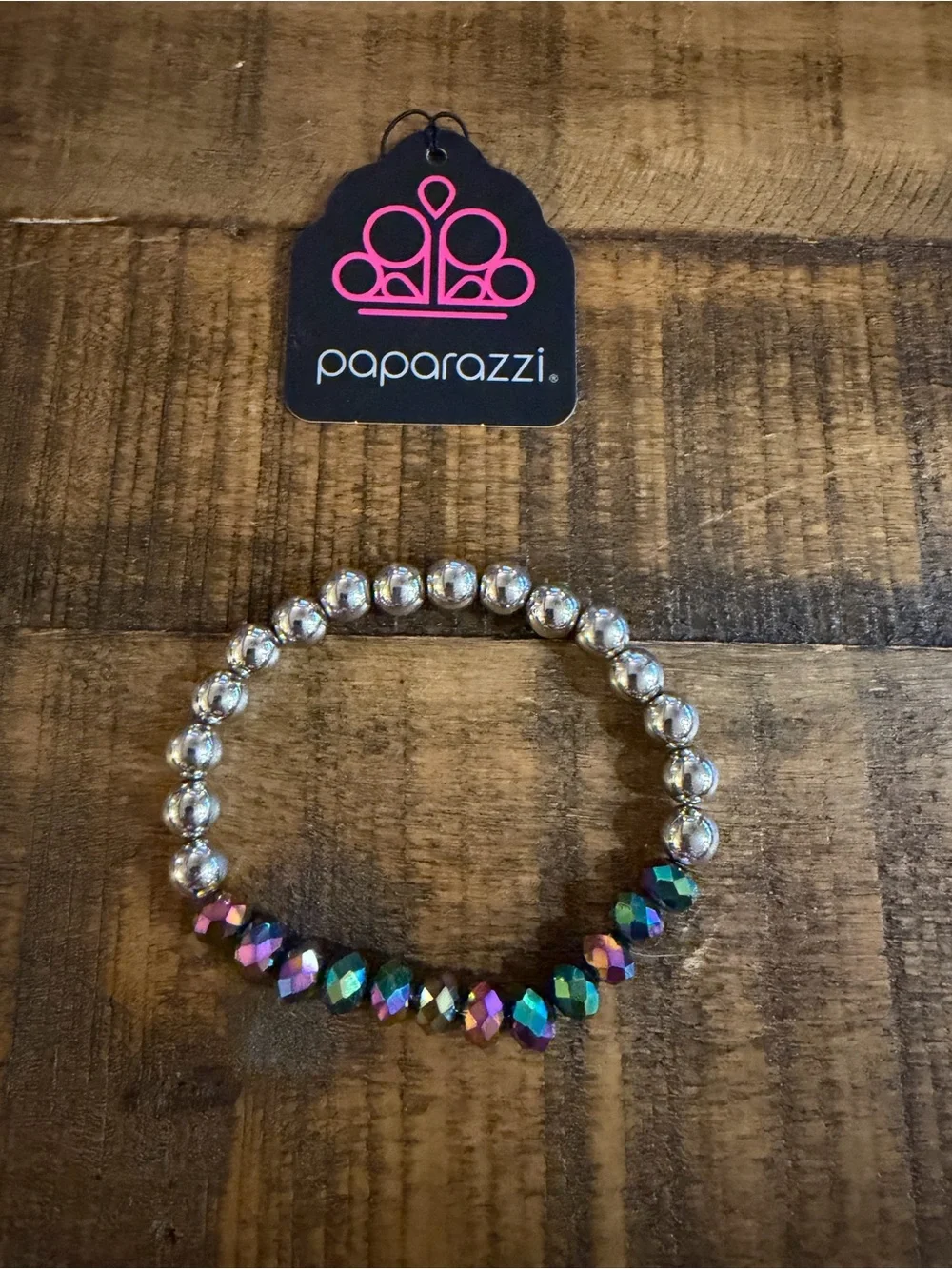 Paparazzi Silver Bracelet with Multicolor Iridescent Faceted oil spilled Beads